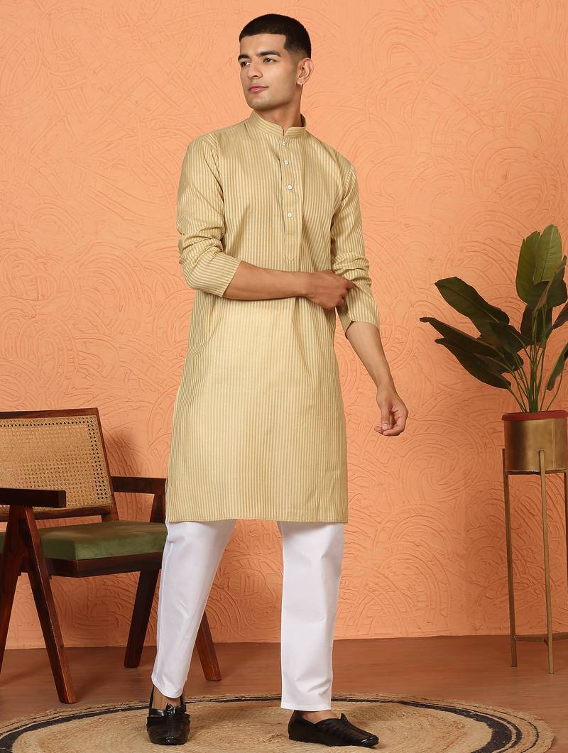 Cotton stripe knee length green kurta