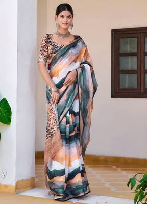 white multicolor cotton blend saree abstract print 3