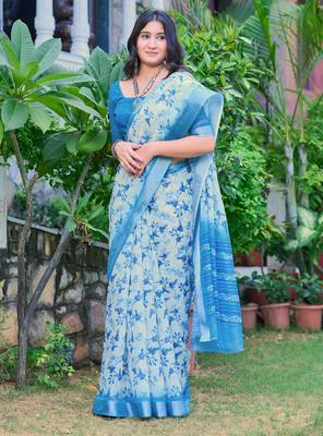 sky blue cotton blend digital print saree 4