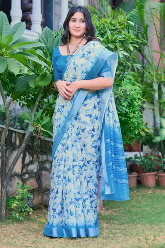 sky blue cotton blend digital print saree