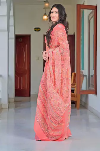 peach cotton blend saree floral print
