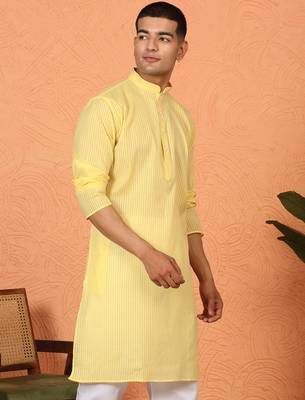 Cotton stripe knee length yellow kurta 1
