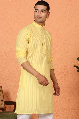 Cotton stripe knee length yellow kurta