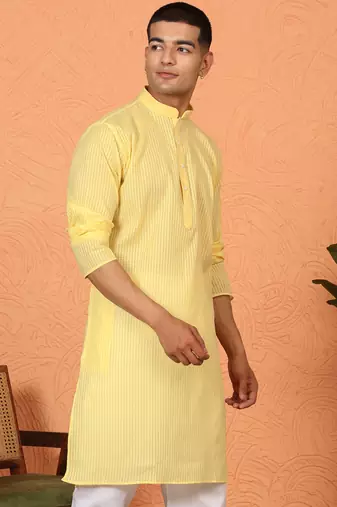 Cotton stripe knee length yellow kurta