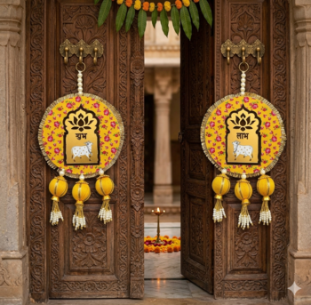 handmade shubh labh cow door hanging yellow floral decorative festive home wall hanging (pack of 2) 1