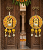 handmade shubh labh cow door hanging yellow floral decorative festive home wall hanging (pack of 2)