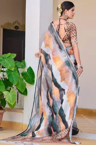 white multicolor cotton blend saree abstract print