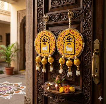 handmade shubh labh cow door hanging yellow floral decorative festive home wall hanging (pack of 2) 2