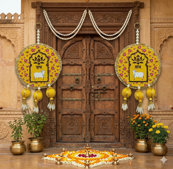 handmade shubh labh cow door hanging yellow floral decorative festive home wall hanging (pack of 2) 3