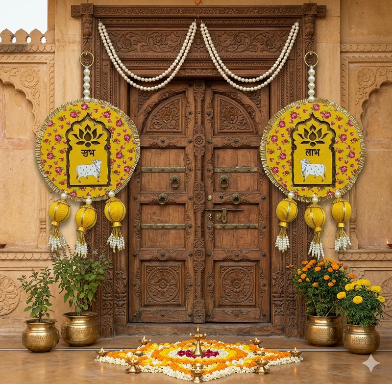 handmade shubh labh cow door hanging yellow floral decorative festive home wall hanging (pack of 2)