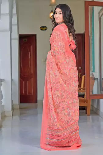 peach cotton blend saree floral print