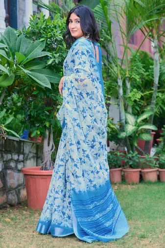sky blue cotton blend digital print saree