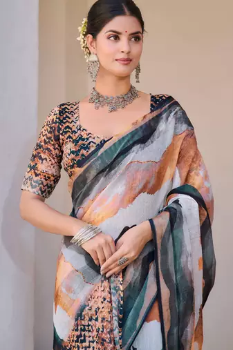 white multicolor cotton blend saree abstract print