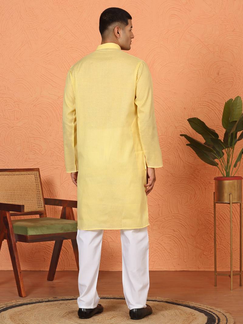 Cotton stripe knee length yellow kurta
