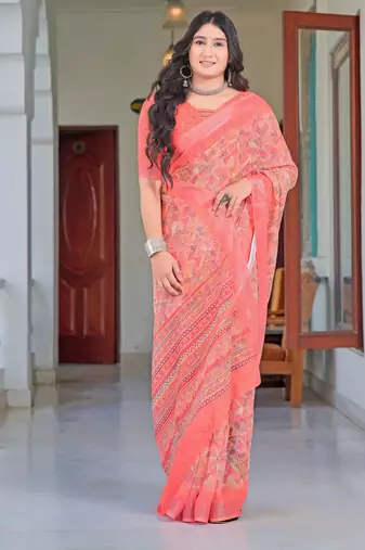 peach cotton blend saree floral print
