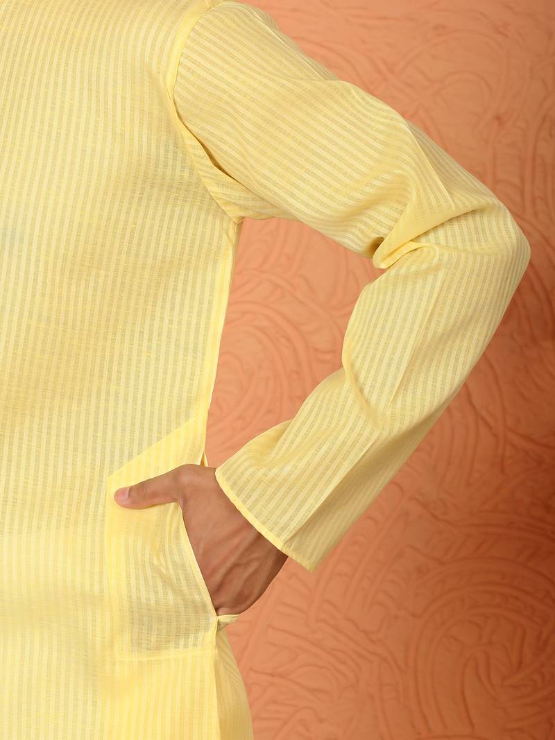 Cotton stripe knee length yellow kurta