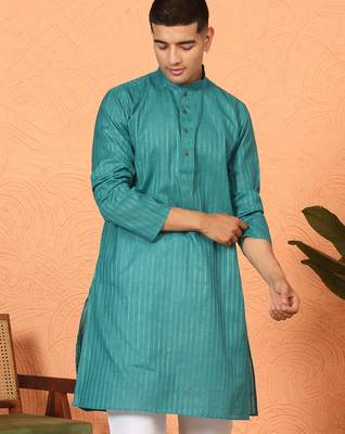 Cotton stripe knee length teal blue kurta 1