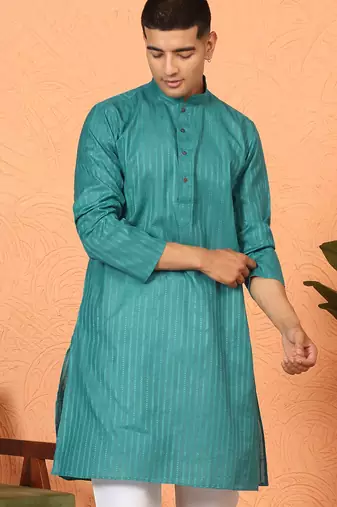 Cotton stripe knee length teal blue kurta