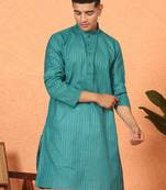 Cotton stripe knee length teal blue kurta