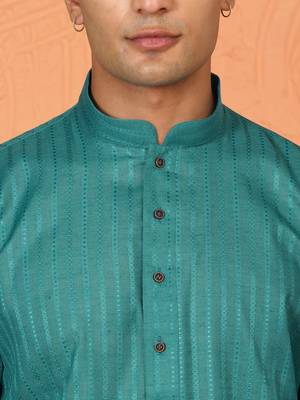 Cotton stripe knee length teal blue kurta 2