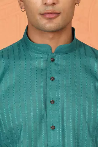 Cotton stripe knee length teal blue kurta