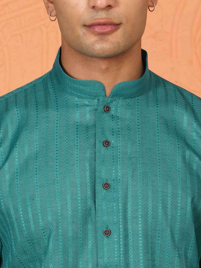 Cotton stripe knee length teal blue kurta