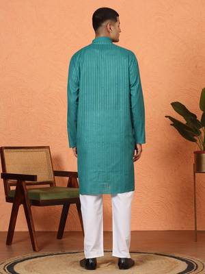 Cotton stripe knee length teal blue kurta 3
