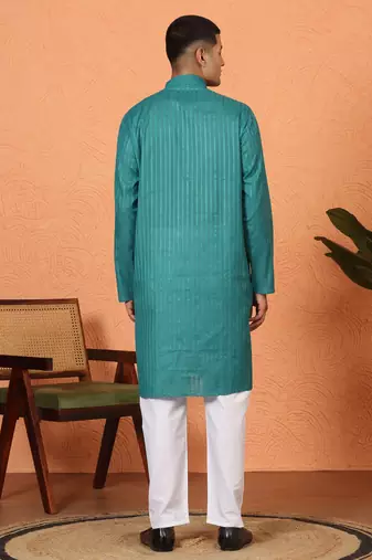 Cotton stripe knee length teal blue kurta