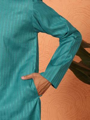Cotton stripe knee length teal blue kurta 4