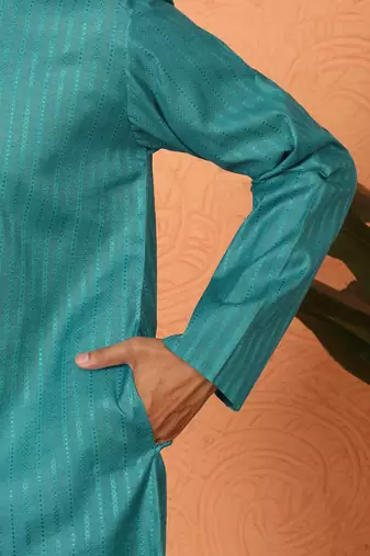Cotton stripe knee length teal blue kurta