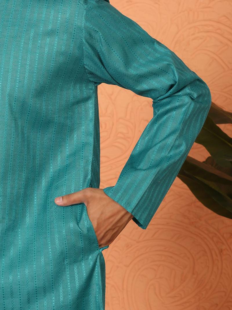 Cotton stripe knee length teal blue kurta