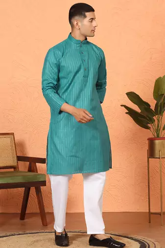 Cotton stripe knee length teal blue kurta