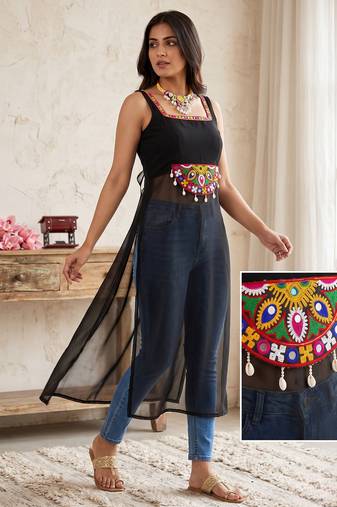Navratri ready black traditional kurti with mirror work