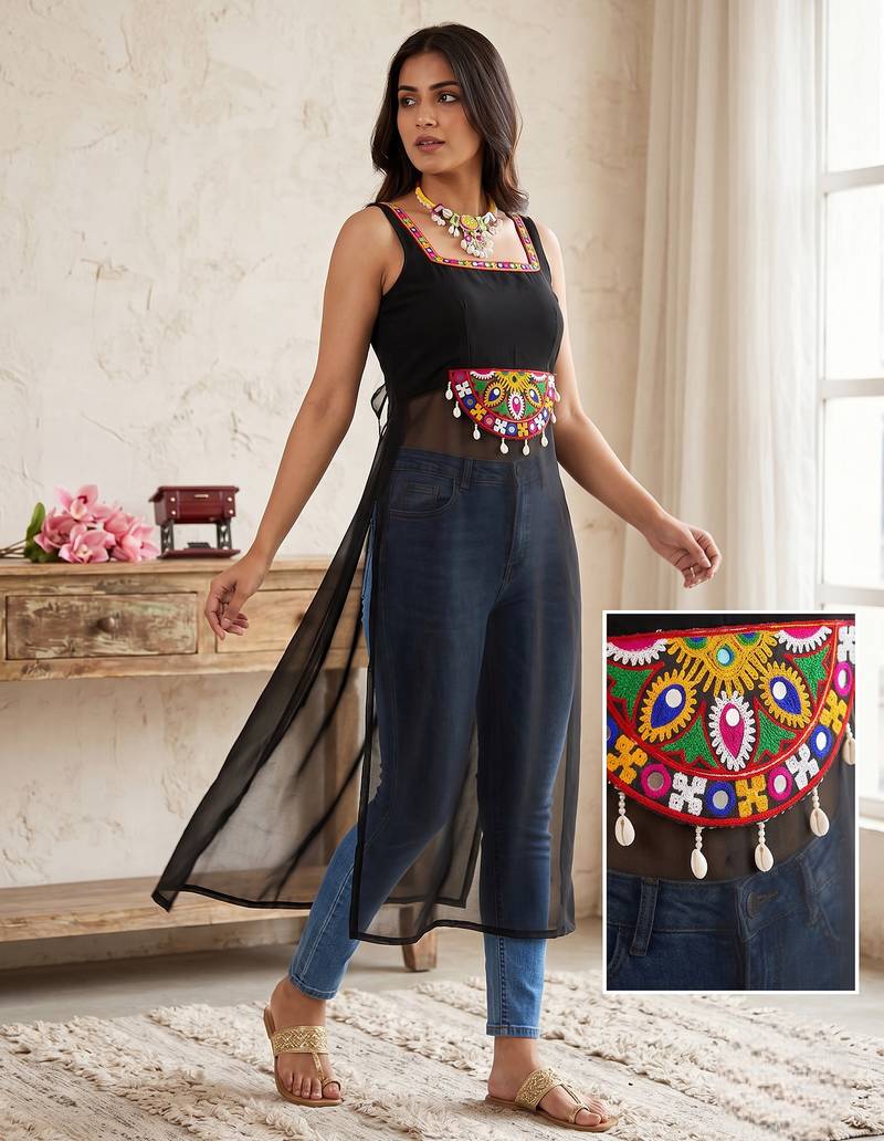 Navratri ready black traditional kurti with mirror work