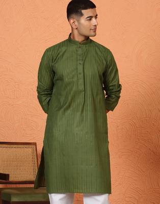 Cotton stripe knee length olive green kurta 1