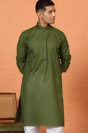 Cotton stripe knee length olive green kurta
