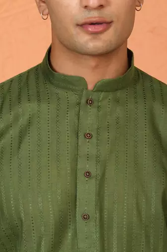 Cotton stripe knee length olive green kurta