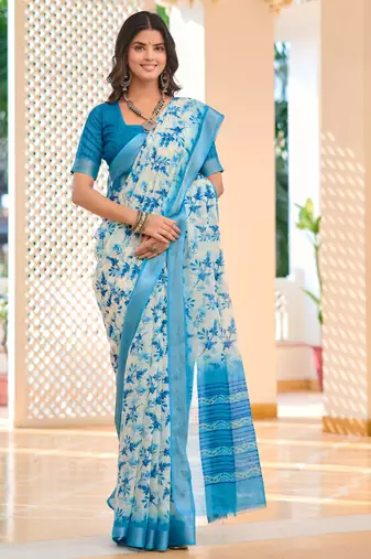 blue cotton blend saree with floral print (sfcl531)