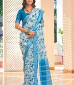 blue cotton blend saree with floral print (sfcl531)