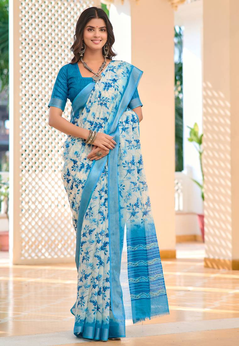 blue cotton blend saree with floral print (sfcl531)