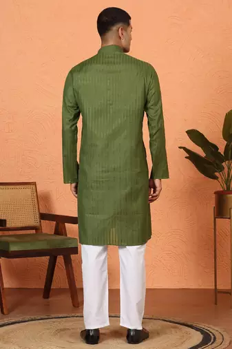 Cotton stripe knee length olive green kurta