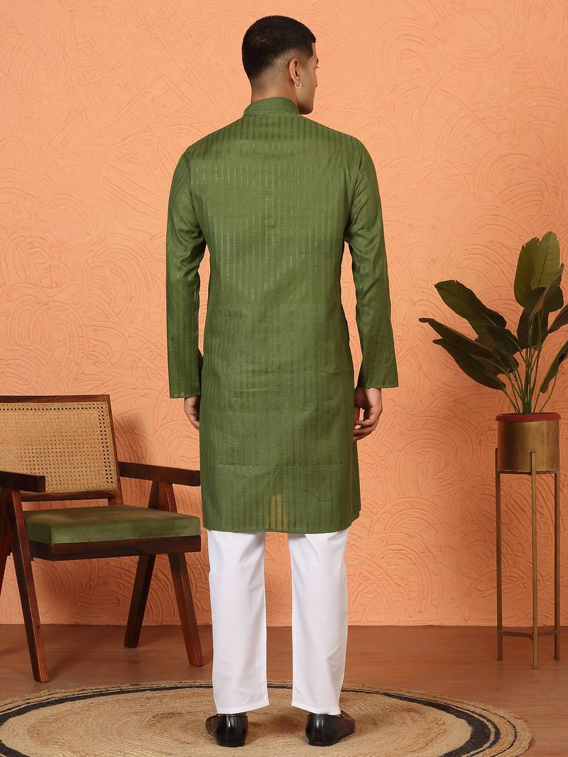 Cotton stripe knee length olive green kurta
