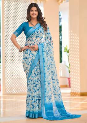 blue cotton blend saree with floral print (sfcl531) 2