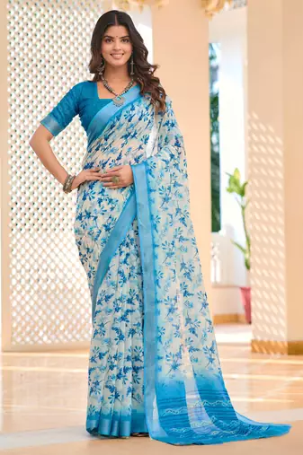 blue cotton blend saree with floral print (sfcl531)