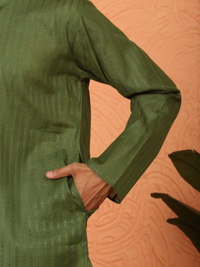 Cotton stripe knee length olive green kurta