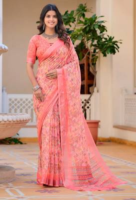 peach cotton blend saree floral print 1