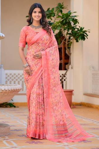 peach cotton blend saree floral print