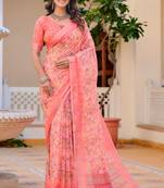 peach cotton blend saree floral print