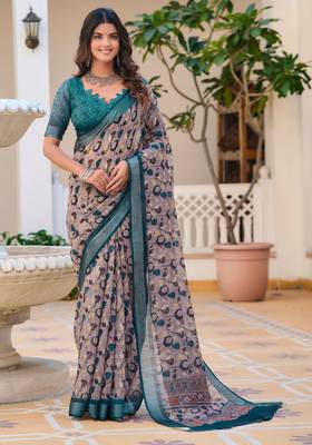 green cotton blend saree floral print 1