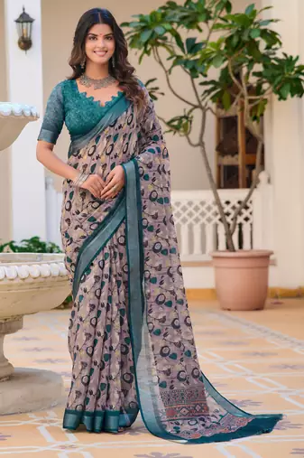 green cotton blend saree floral print